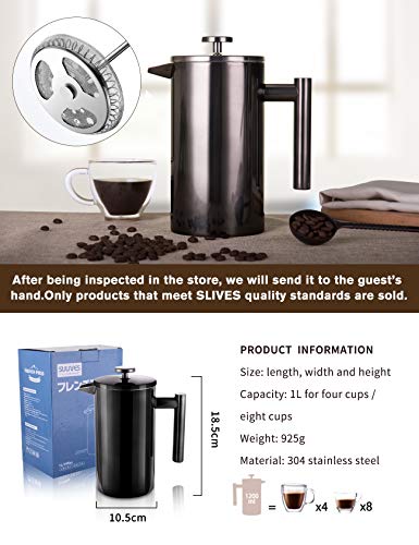 SULIVES Large Stainless Steel French Press Coffee Maker Double Wall Vacuum Insulated Stainless Steel Body- 34 oz/ 1000 ml - BLACK