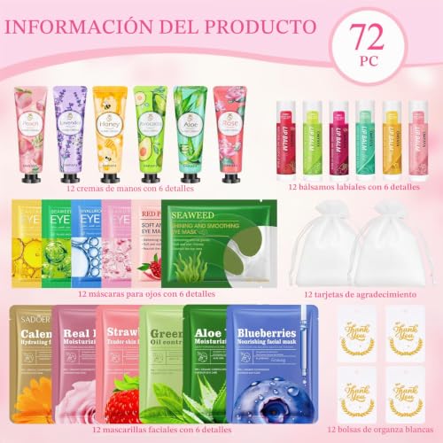 Women's Skin Care Gift Set, 72 Pieces with Hand Cream, Face Mask, Lip Balm and Eye Patches, Spa Party Accessories for Women, Thank You for Gift, Christmas Gift