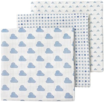 giggle 3 Piece Cloud/Geo Muslin Receiving Blankets, Blue/White