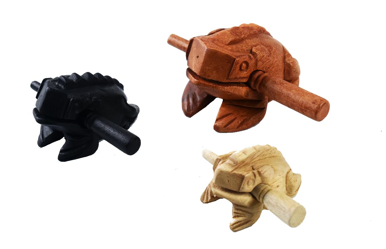 Guiros Percussion Instruments Wooden Frog 3 Piece Set of 4 Inch, 3 Inch, 2.75 Inch, Wooden Frog Musical Instrument (Brown/Black/Natural Color) (ฺBubble wrap Package))