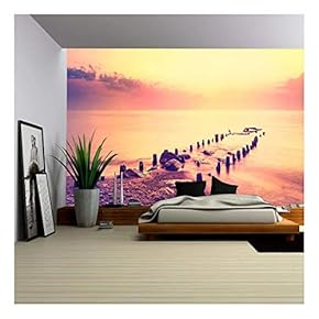 After Purple Sunset, Peaceful sea Landscape. - Removable Wall Mural | Self-Adhesive Large Wallpaper - 66x96 inches