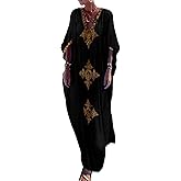 Bsubseach Gold Embroidery Long Kaftan Dresses V Neck Caftan Dress Beach Cover Ups for Women Embroidery