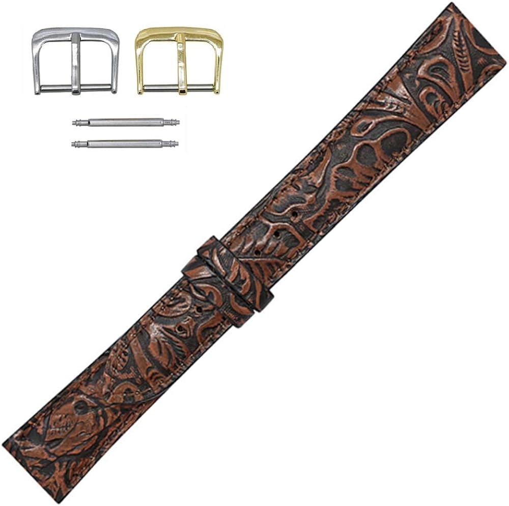 Made in The USA - Genuine Leather Watch Band Strap - American Factory Direct - Heat Embossed Western Print - Gold and Silver Buckles Included &ndash; Real Leather Creations