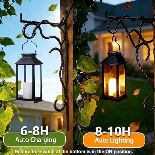 Yowin Solar Lanterns for Outside 2 Pack 22cm Tempered Glass Hanging Solar Lights Outdoor Garden with Flickering Candle, Waterproof Outdoor Lanterns for Patio Pathway Balcony Mother Gift Decorations