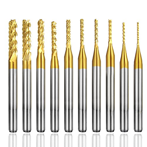 Bestgle 10Pcs 0.8-3.175mm Tungsten Carbide Titanium Coat End Mill Engraving Bits Milling Cutter Tool CNC Rotary Burrs Set, 1/8'' Shank