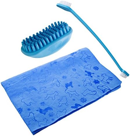 Pet Bath Care Kit Toothbrush, Massage - deshedding Brush and LARGE PET PVA TOWEL for any size of animal pet - small - little , medium, large - big dog cat ferret