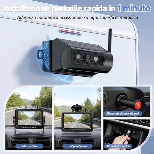 VASTEND Telecamera Retromarcia Solare Wireless 10000mAh, Monitor 7" IPS con DVR, Portata Lunga, Montaggio Magnetico, 1080P HD Visione Notturna, IP67 per Camper Furgone Camion(VS-7G)
