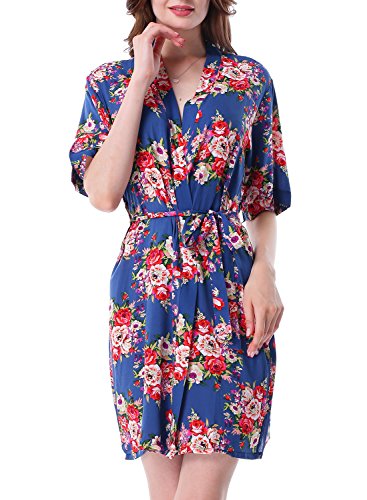 Ranphee Floral Kimono Robe for Women Short Sleeve V Neck Belted Satin Bridal Sleepwear