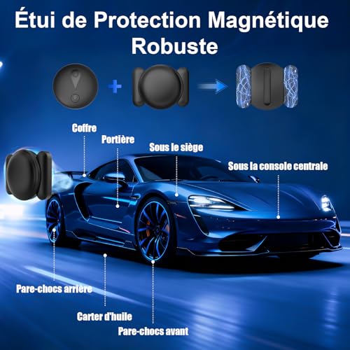 Traceur GPS Voiture, Tracker GPS Voiture Magnétique, Traceur Enfant Caché, Traceur sans Abonnement, APP Find Tag, Compatible avec iOS et Android, Adapté aux Véhicules, Animaux et Bagages - Noir