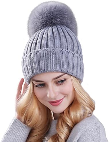 Shirely Baby Winter Women's Genuine Fox Fur Pom Pom Trend Wool Knitted Beanie Hat (Grey)