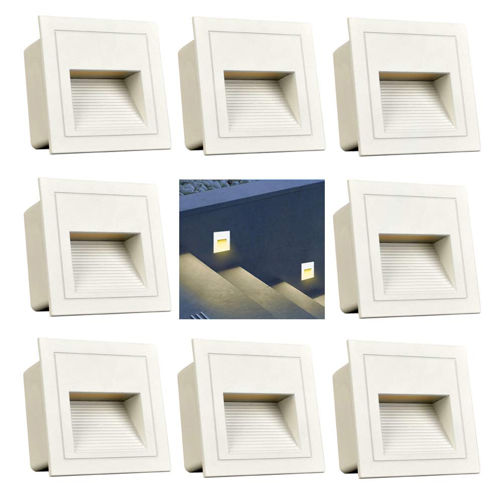 Arotelicht 8pcs/3W Wall Recessed Stair Lights, Warm White, LED Step Night Light, Indoor/Outdoor, Aluminum, Garden Lighting Deck Balcony, White Cover IP65, Used for Stairs, Corridors, Steps