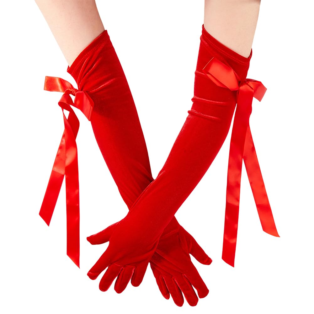 CABODYALS 1 Pair Dark Red Velvet Gloves Long Elbow Length Opera Formal Elegant Gloves 1920s Flapper Gatsby Costume Accessories with Bow Ribbon for Women Wedding Evening Party Dresses Cosplay Christmas