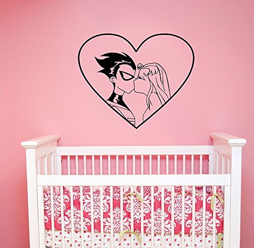 Teen Titans Wall Decal Love Heart Robin and Starfire Kiss Vinyl Sticker DC Comics Cartoon Superhero Art Romantic Decorations for Home Kids Girl Room Decor tt1