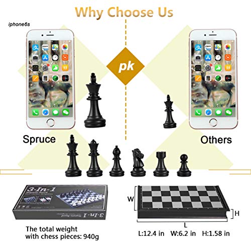 3-in-1 Chess Set - Travel Chess Set Magnetic Chess & Checkers & Backgammon Folding Chess Board Game, Portable Checkers with 3 Mesh Bags, Best Chess Games Gift for Kids and Adults 12.4 Inches