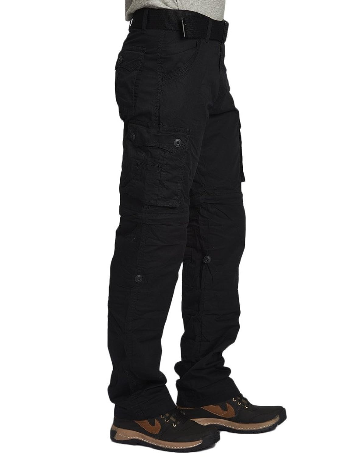 beevee mens 100% cotton solid black fixed waist cargo with belt