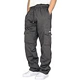 Men's Heavyweight Fleece Baggy Cargo Sweatpants,Drawstring Pants with Pockets,Straight Leg Casual Joggers for Hiking Athletic