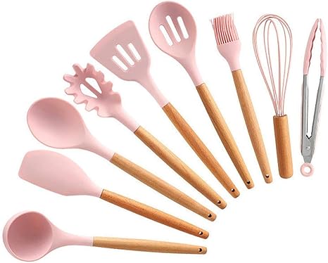 Amazon キッチンツール 用具セットの料理シリコーン 木製ハンドルキッチンガジェットツール を調理してテフロン加工調理用へらは耐熱ヘラスプーンターナートングブラシウィスクセット ピンク Color A 9pcs ツールセット オンライン通販