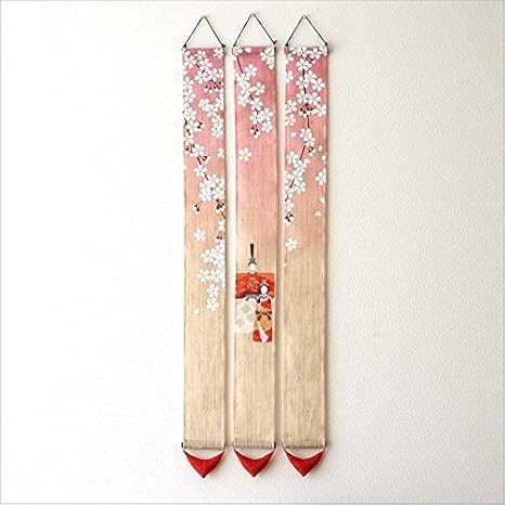 Amazon Co Jp タペストリー おしゃれ 和風 和モダン 麻 縦長 三連細タペストリー 桜花雛 Wlj3579 ホーム キッチン