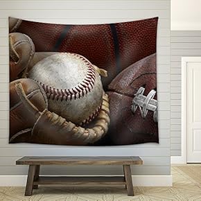 Close Up Shot of Well Worn Baseball in Baseball Glove, Football and Basketball - Fabric Wall Tapestry Home Decor - 51x60 inches