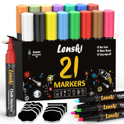 Lenski Chalk Pens for Windows, 21 Chalk Pens for Blackboard, Washable, 6 mm, Blackboard Pens, Chalk Markers, Window Pens, Washable Window Painting Pens, Glass Colouring Pens & Whiteboard Markers