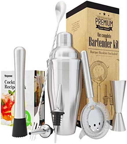 All-inclusive Bar Set | Professional Home Bartender Cocktail Shaker Set | Includes a Recipe Book & All Necessary Bar Tools and Accessories | Impressive Gift for Men! (Stainless Steel)