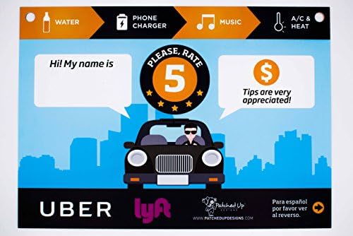 Animated Style English - Spanish Seatback Concierge Sign 1 of 2 for Uber and Lyft Drivers | by Patched Up Designs | Tough Acrylic | Professionally Designed | Great for Drivers