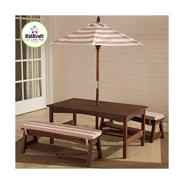 KidKraft Outdoor Wooden Table & Bench Set with Cushions and Umbrella ...