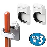 mDesign Broom and Mop Holder - Pack of 3, Self-Adhesive/Wall Mount, White