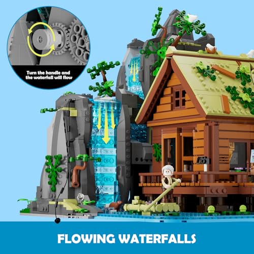 Lumibricks Waterfall Cabin Building Set with Light – 2539 Pieces Retro Wooden House with Moving Waterfall & Nature Scenery, Collectible for Adults