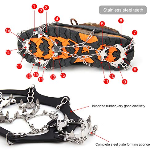 Vdealen Crampons for Shoes, 19 Teeth Stainless Steel Anti-Slip Traction Ice Cleats, Slip-Resistant Snow Ice Spikes,Crampons,Ice Snow Grips for Walking on Ice Snow (Black, L(41-44))
