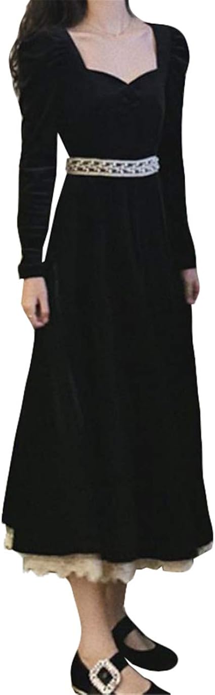 Amazon モリミ レディースワンピース ベロア ロングワンピース レース付き レトロ ハイウエスト ドレス 春秋冬用 エレガント きれいめ オシャレ フリルスカート 通学 通勤 パーディー ワンピース チュニック 通販