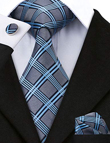 Grey Plaid Check Tie Set Mens Formal Silk Necktie with Hanky and Cufflinks