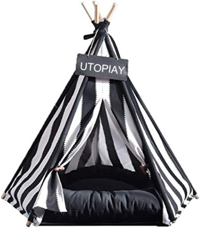UTOPIAY Black and White Striped Pet Teepee Canvas Spire Dog Teepee dog cat sleeping tent pet indoor play tent Dog Puppy House With Cushion Removable and Washable for Pets Small Or Medium,L