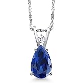 Gem Stone King 14K White Gold Blue Created Sapphire and Lab Grown Diamond Pendant Necklace for Women | 2.59 Cttw | Gemstone September Birthstone | Pear Shape 9X6MM | With 18 Inch Chain