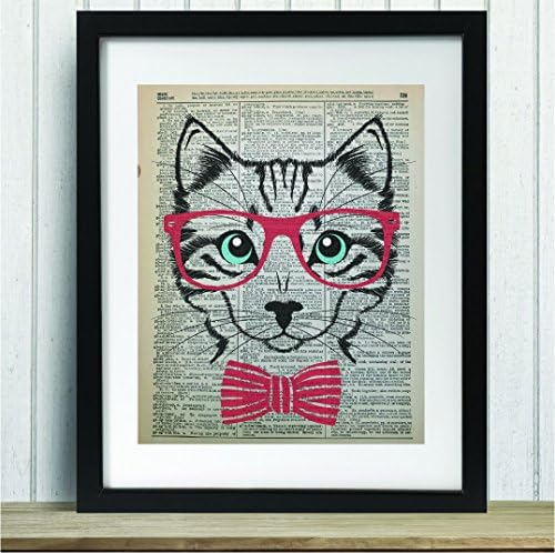 Upcycled Vintage Dictionary Art Print - Cat with Glasses and Bowtie - 8x10 Unframed