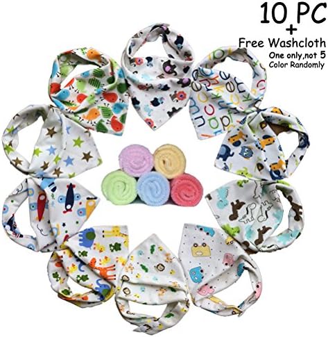 10-pack Unisex Baby Bandana Drool Bibs FREE Baby Washcloth, Boys and Girls Absorbent Cotton Bibs Super-Stylish Anti-Bacterial Apron Bibs Quick Dry Avoids Drool Rash with Nickel-Free Snaps