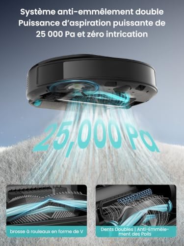 M5 Max Robot Aspirateur Laveur Rouleau 25000Pa 100% Anti-Enroulement