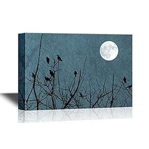 Canvas Wall Art - Birds on Top of Tree Branches with Full Moon in The Sky - Gallery Wrap Modern Home Art | Ready to Hang - 12x18 inches
