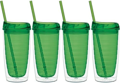 Culver Cool Cup Double Walled Insulated Tumbler with Lid and Straw, 15-Ounce, Lime Green, Set of 4