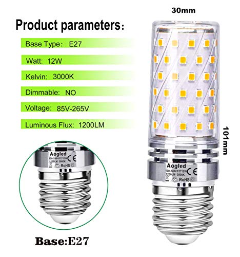 E27 Led Bulb Lamp 12W Aogled,Equivalent to 100W Halogen lamp,Warm White 3000K,1200LM Corn Bulb,Edison Screw Candelabra,Not Dimmable,No Flickering AC85-265V,Pack of 4