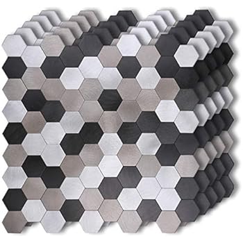 HomeyMosaic Peel and Stick Tile Backsplash Stick on Kitchen Wall Decor Aluminum Surface Metal Smart Tiles,Silver&Black&Grey Hexagonal Honeycomb(12