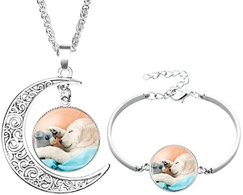 Socutee Ideal Gifts Girls, Women Cute Dog Bulldog Golden Retriever Labrador Times Gem Moon Crescent Necklace Bracelet Set