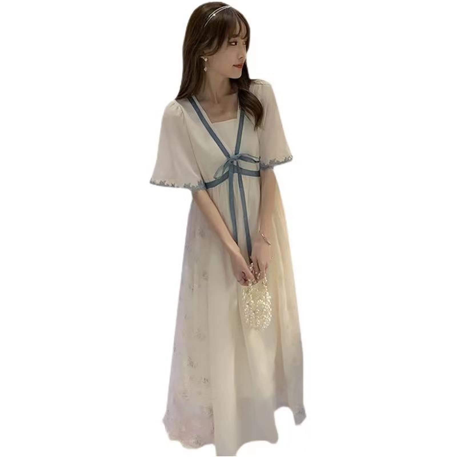 Photo 1 of Vimagcal French Retro Dress - Short Sleeve Summer Style Over-The-Knee Long Skirt Fairy Dress (Color : White, Size : Large)