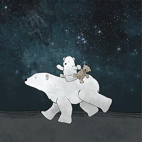 Polar Bear Art Print - Family and Stuffed Animal Running in the Starry Night