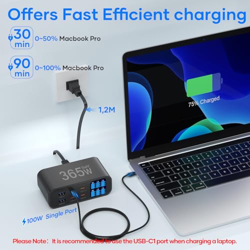 365W Cargador USB C Multiple con Pantalla LED, YSYFAD 6 Puertos Estacion de Carga PD Carga USBC Rapida Cargador USB C 100W QC USBA para Macbook Portátiles i Phone Pad, Negro