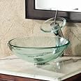 ELIMAX'S Bathroom clear Glass Vessel Sink & chrome Faucet Combo & chrome Pop Up Drain Mounting Ring (R12C4)