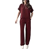 GarRela Women's 2 Piece Outfits Summer Casual Short Sleeve Pullover Tops Wide Leg Pants Sets Jumpsuits