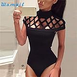Angashion Women Sexy Sheer Caged Short Sleeve Bodysuit Jumpsuit Clubwear Tops