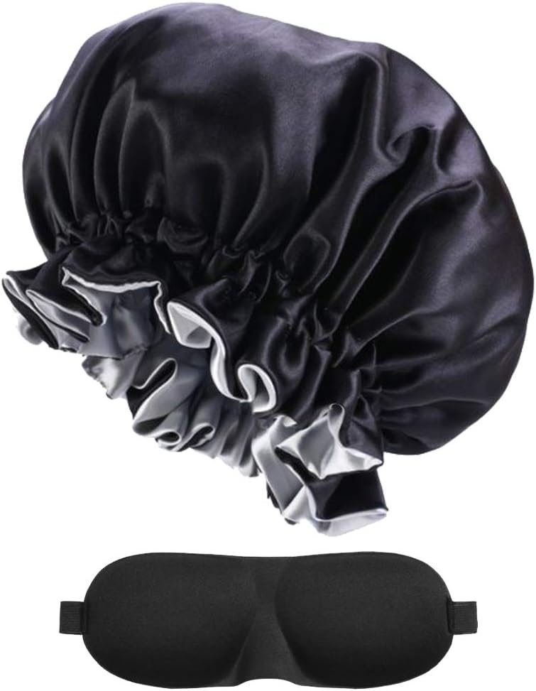Bonnet Sleep Cap Satin Lined Silky Feel Smooth Soft Wearable on Both Sides with a Free Eye Mask