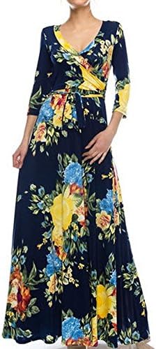 Cranberry Palace Fashion Navy Yellow 1504 Floral Wrap Bodice Long Maxi Dress